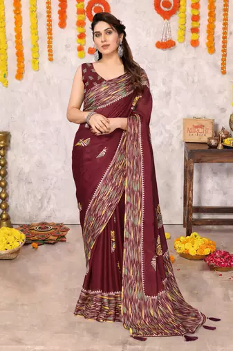 Maroon chiffon floral print foil print printed tassels saree with unstitched blouse piece