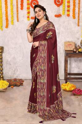 Maroon chiffon floral print foil print printed tassels saree with unstitched blouse piece 3
