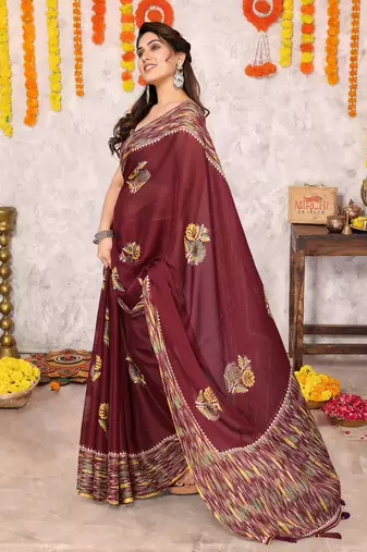 Maroon chiffon floral print foil print printed tassels saree with unstitched blouse piece