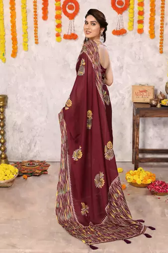 Maroon chiffon floral print foil print printed tassels saree with unstitched blouse piece