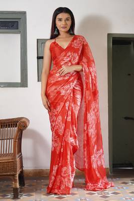 Coral red chiffon floral print saree with unstitched blouse piece 1