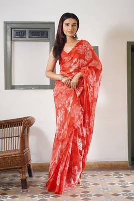 Coral red chiffon floral print saree with unstitched blouse piece 2