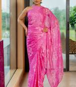 Bright pink chiffon floral print saree with unstitched blouse piece
