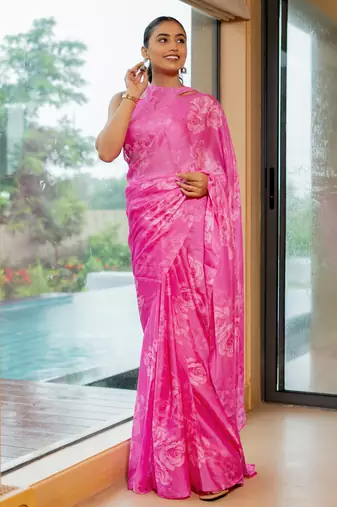 Bright pink chiffon floral print saree with unstitched blouse piece
