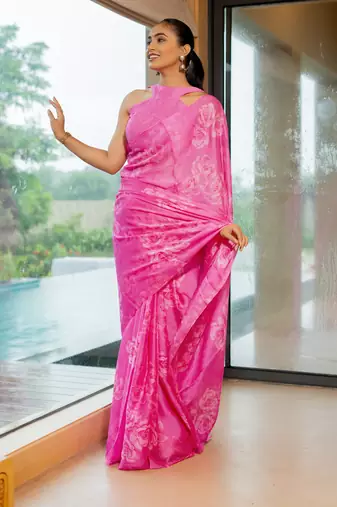 Bright pink chiffon floral print saree with unstitched blouse piece