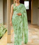 Pastel green chiffon floral print saree with unstitched blouse piece
