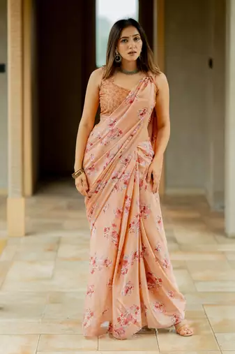 Light peach chiffon floral print saree with unstitched blouse piece