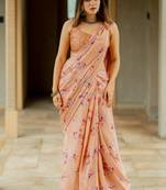 Light peach chiffon floral print saree with unstitched blouse piece