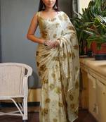 Light khaki chiffon floral print saree with unstitched blouse piece
