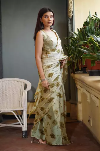 Light khaki chiffon floral print saree with unstitched blouse piece