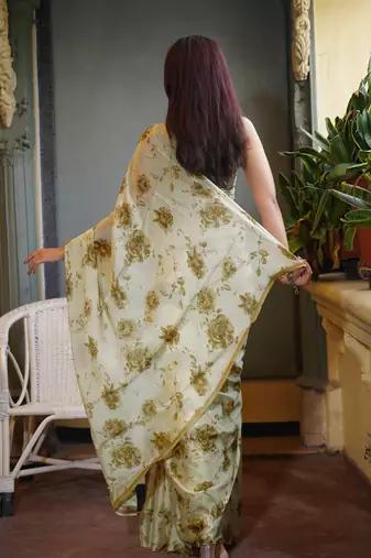 Light khaki chiffon floral print saree with unstitched blouse piece