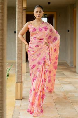 Light peach chiffon floral print saree with unstitched blouse piece 1