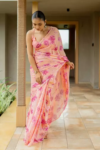 Light peach chiffon floral print saree with unstitched blouse piece