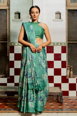 Teal green chiffon floral print saree with unstitched blouse piece 1