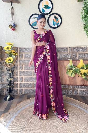 Wine multy thread,sequance embroidery work georgette saree with blouse piece