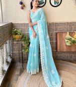 Sky blue thread embroidery cut work simmer silk saree with blouse piece