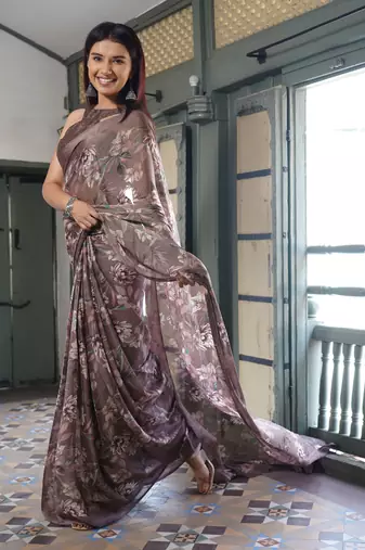 Dusty chocolate chiffon floral print saree with unstitched blouse piece