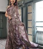 Dusty chocolate chiffon floral print saree with unstitched blouse piece