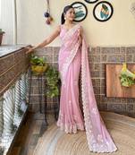 Onion thread embroidery cut work simmer silk saree with blouse piece