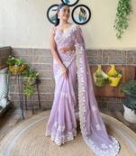 Lavender thread embroidery cut work simmer silk saree with blouse piece