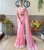 Gajri thread embroidery cut work simmer silk saree with blouse piece