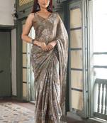 Dusty beige chiffon floral print saree with unstitched blouse piece