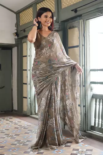 Dusty beige chiffon floral print saree with unstitched blouse piece