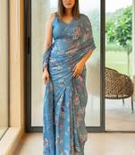 Dusty blue chiffon floral print saree with unstitched blouse piece
