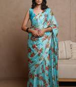 Turquoise blue chiffon floral print saree with unstitched blouse piece