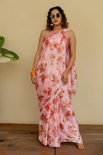 Light peach chiffon floral print saree with unstitched blouse piece
