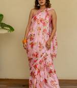 Light peach chiffon floral print saree with unstitched blouse piece