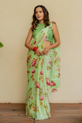 Light green chiffon floral print saree with unstitched blouse piece 1