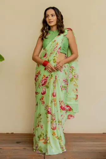 Light green chiffon floral print saree with unstitched blouse piece