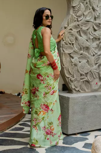 Light green chiffon floral print saree with unstitched blouse piece