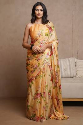 Pastel orange chiffon floral print saree with unstitched blouse piece 1