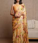 Pastel orange chiffon floral print saree with unstitched blouse piece