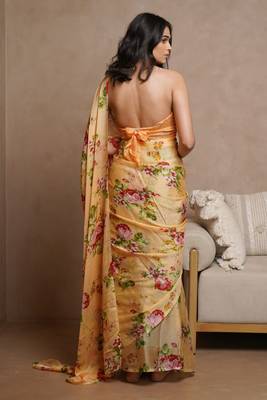 Pastel orange chiffon floral print saree with unstitched blouse piece 4