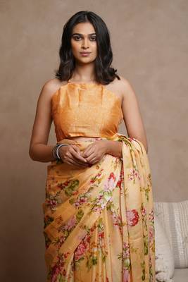 Pastel orange chiffon floral print saree with unstitched blouse piece 5