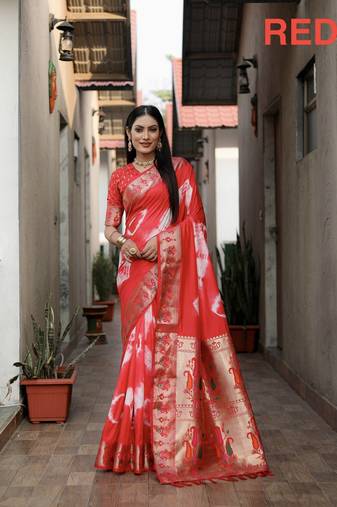 Red Woven designer,sabori printed paithani silk saree with blouse piece