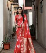 Red Woven designer,sabori printed paithani silk saree with blouse piece