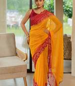 Orange georgette bandhani print stone work border saree with unstitched blouse piece