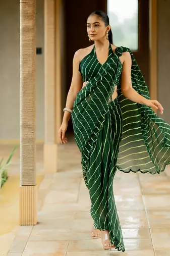 Forest Green Georgette Lace Border Saree