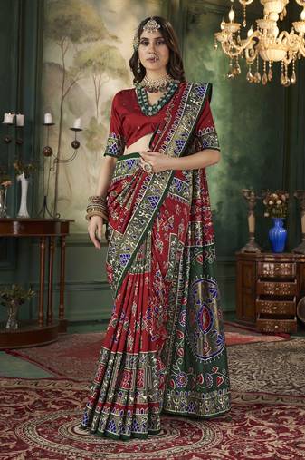 Maroon Woven designer with ikkat printed tussar silk saree with blouse piece