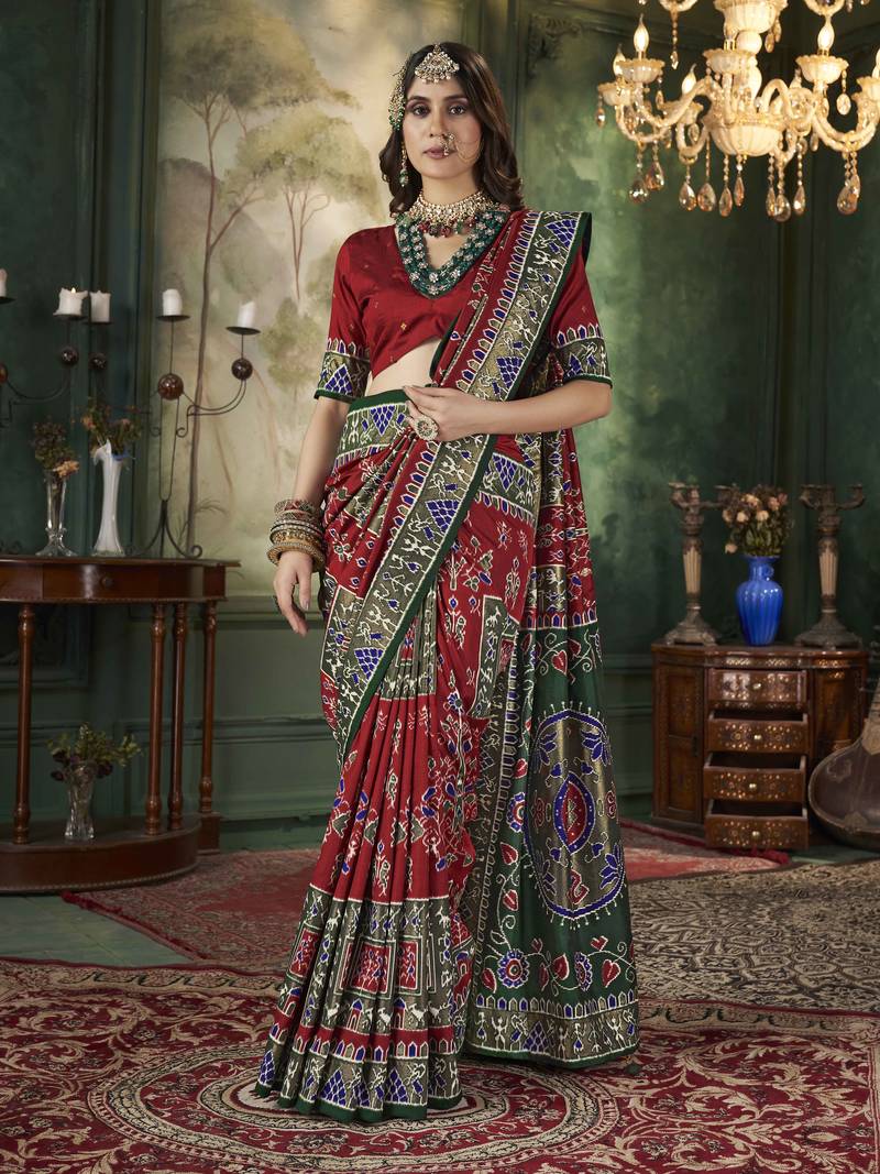 Maroon Woven designer with ikkat printed tussar silk saree with blouse piece