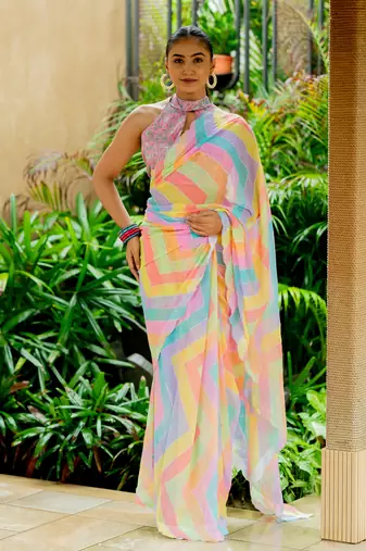 Multicolor georgette foil print chevron zig zag stone work border saree with unstitched blouse piece