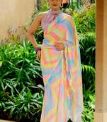 Multicolor georgette foil print chevron zig zag stone work border saree with unstitched blouse piece
