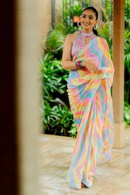 Multicolor georgette foil print chevron zig zag stone work border saree with unstitched blouse piece 3