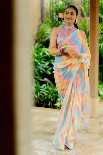 Multicolor georgette foil print chevron zig zag stone work border saree with unstitched blouse piece