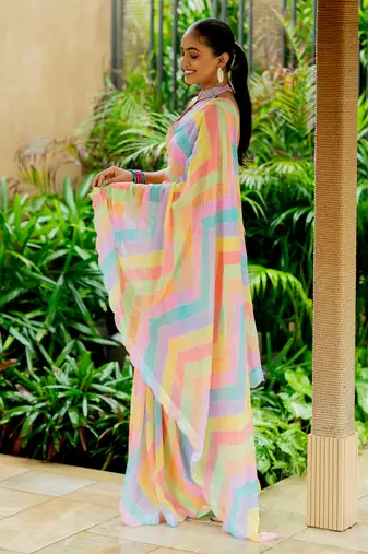 Multicolor georgette foil print chevron zig zag stone work border saree with unstitched blouse piece