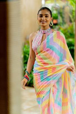 Multicolor georgette foil print chevron zig zag stone work border saree with unstitched blouse piece 6